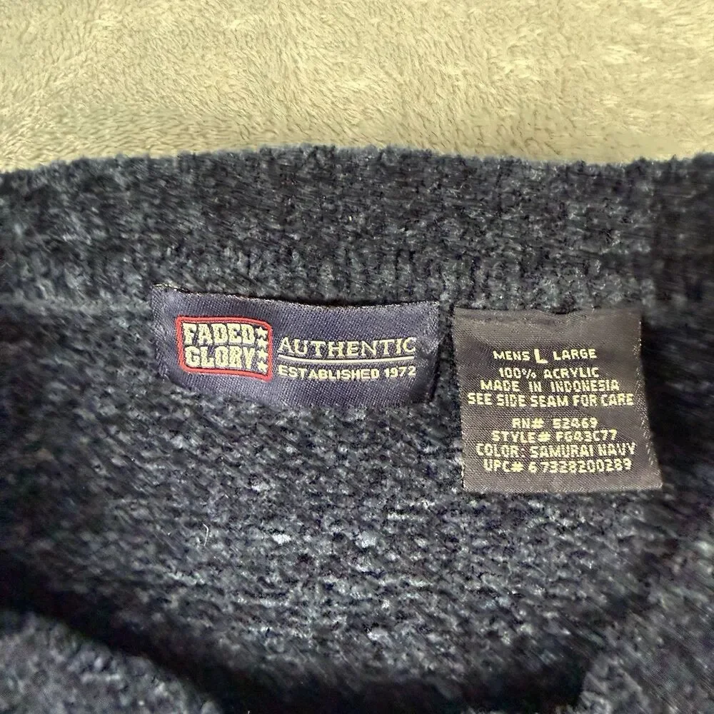 Vintage Faded Glory Navy Crewneck Sweater Large Acrylic Rib Knit Pullover